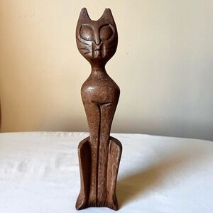 Vintage Mid Century‎ Modern Hand Carved Cat Statue Wood Sculpture Haiti 11.5"